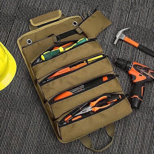 Black Portable Folding Tool Roll Bag with 6 Detachable Pockets for Woodworking Hardware Storage 2
