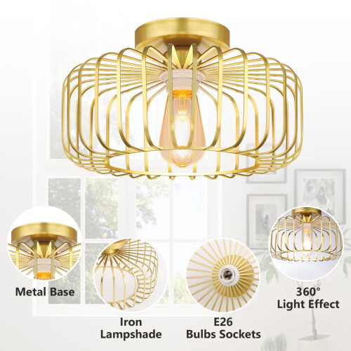 Guld Sort Metal Semi-Flut Loftlampe E27 1