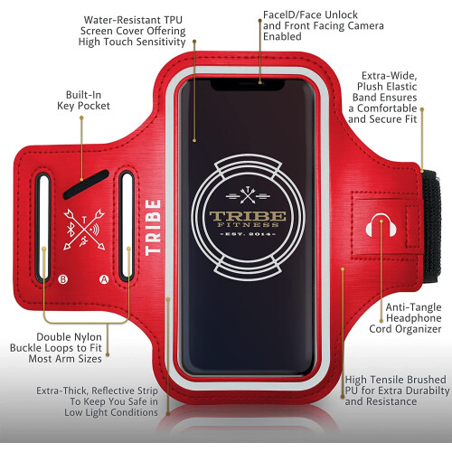 Capa de braço resistente à água TRIBE para iPhone e Galaxy - Compatível com Pro Max, S Ultra, Plus, Edge, Note - Alça ajustável, bolso para 2