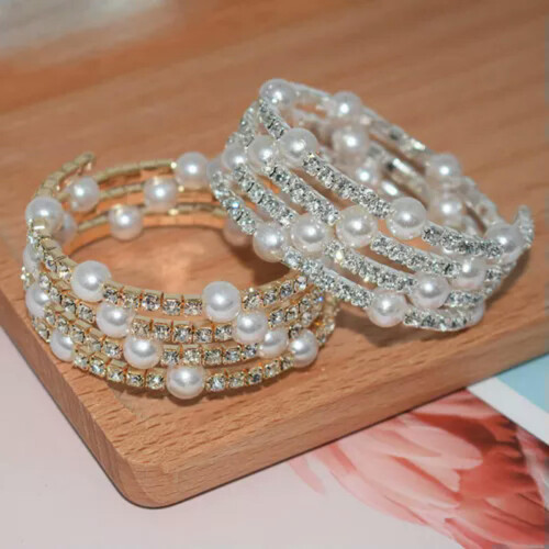 Crystal imitation pearl bracelet silver multilayer 1
