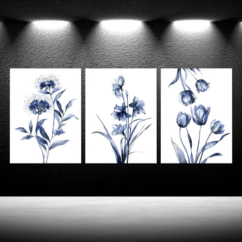 Väggkonstset med blå blommor, 30x43 cm, 3 delar 1