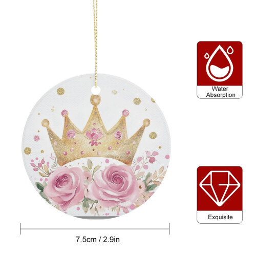 Pink Rose Ceramic Christmas Ornament with Crown 2-Side 1