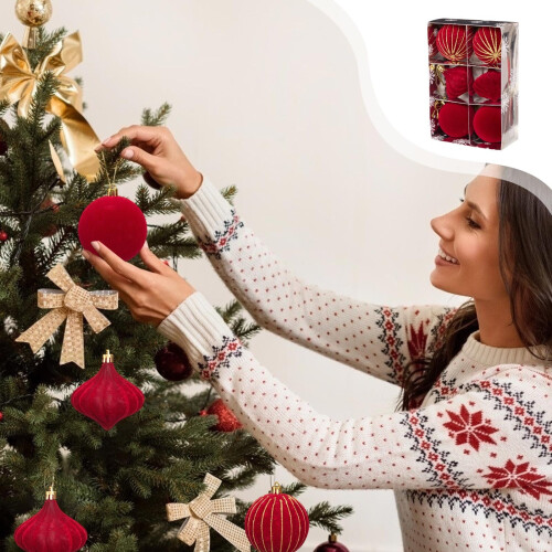 6 Velvet Christmas Baubles, 8cm Red Tree Ornaments 1