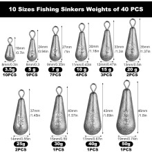 Fishing Weights Drop Shot With Swivel Set 40 Pack All Size Lead 3.5g-50g Kit