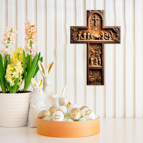Wooden Easter Cross Wall Hanging - Solid Wood Spring Decor