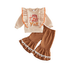 (2-3 Years, Apricot) 2Pcs Toddler Girl Outfit Long Sleeve Crew Neck Fall Themed Letters Print Pullover Sweatshirt and Bell Bottom Pants Set