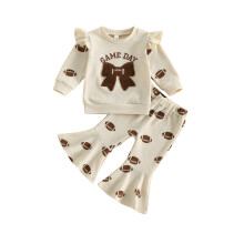 (6-12 Months, Beige) Baby Girl 2Pcs Fall Outfits Long Sleeve Bow Soccer Embroidery Sweatshirt + Pants Set Toddler Clothes