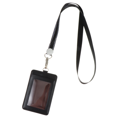 Porta-crachá vertical minimalista com cordão.
