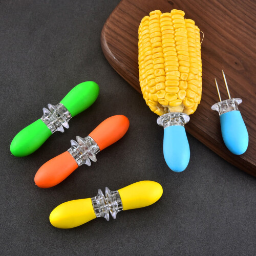 Stainless Steel Corn Holders, Ergonomic Oak-Silicone 1