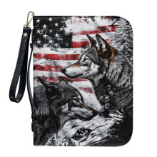 American Flag Wolf Print Leather Bible Case – XL, Detachable Wristlet Strap, Compatible with Standard Bibles