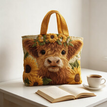 Highland Cow Quilted Reversible Tote Bag – Cotton, Multicolor, with Compartments & Zipper Closure, Compatible with Work/Travel