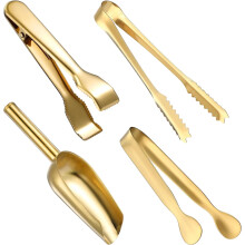 4-Pc Gold Stainless Steel Ice Tongs & Scoops with Teeth, Compatible with Cocktail/Whiskey/Tea Parties