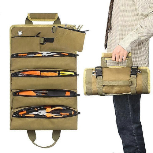 Black Portable Folding Tool Roll Bag with 6 Detachable Pockets for Hardware Storage 1