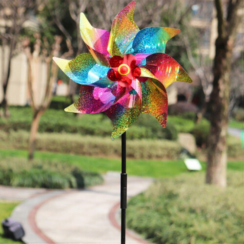 12 Pcs Reflective Wind Spinners for Garden, Sparkly Silver Lawn Decorations with Plastic Stakes 2