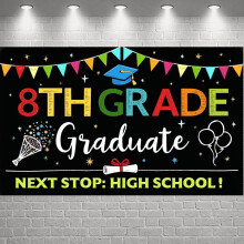 Chalkboard-Style "Next Stop: High School" Banner – Hand-Drawn Graduation Display with Cap & Globe, Compatible with 8th Grade Transition Parties
