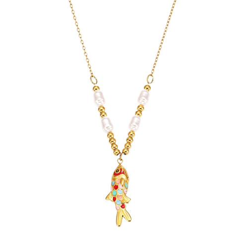 Collier pendentif poisson élégant avec perles design goutte-1