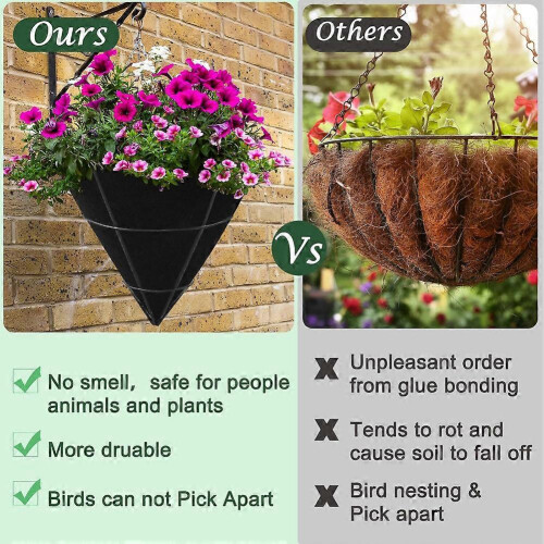 Cone Shaped Planter Basket Liners, 3PCS 14in Black Felt Fabric for Hanging Baskets 2
