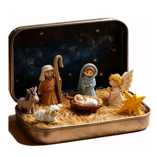 Mini Christmas Nativity Set Tin Box Pocket Size 12-Piece