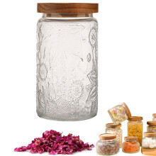 Clear Embossed Glass Can with Wooden Lid, Vintage Airtight Storage Jar for Sugar, Coffee, Tea, Spices, Candy & Cookies – Compatible with Kitchen Use