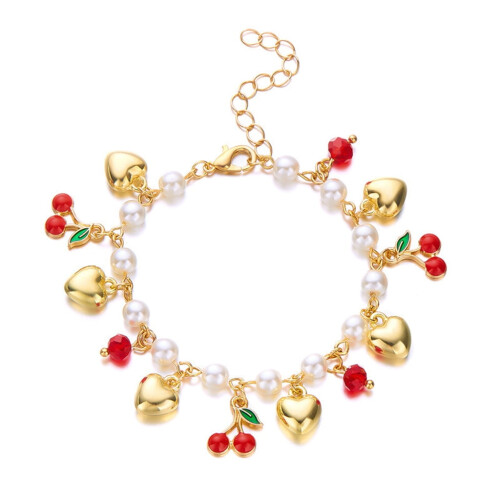 Women's Adjustable Pearl Beaded Bracelet with 3D Strawberry