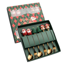 Ensemble de 6 cuillères et fourchettes de Noël dorées – Motifs vieil homme, sapin et élan – Acier inoxydable, boîte verte – Compatible
