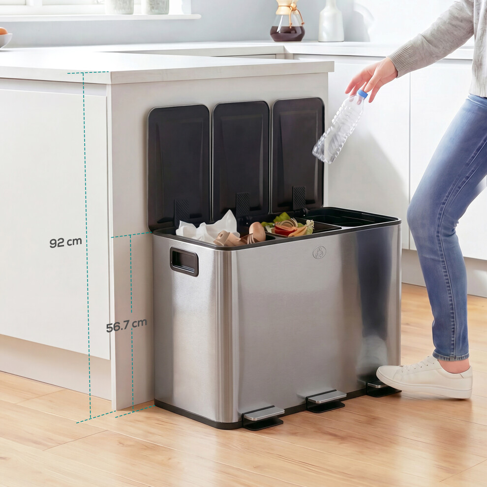 Homcom 3 X 20L Triple Kitchen Bin Pedal Bin For Recycling And Waste