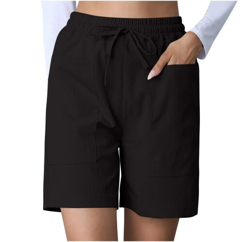 Womens High Waist Wide Leg Shorts with Pockets Solid-Black M