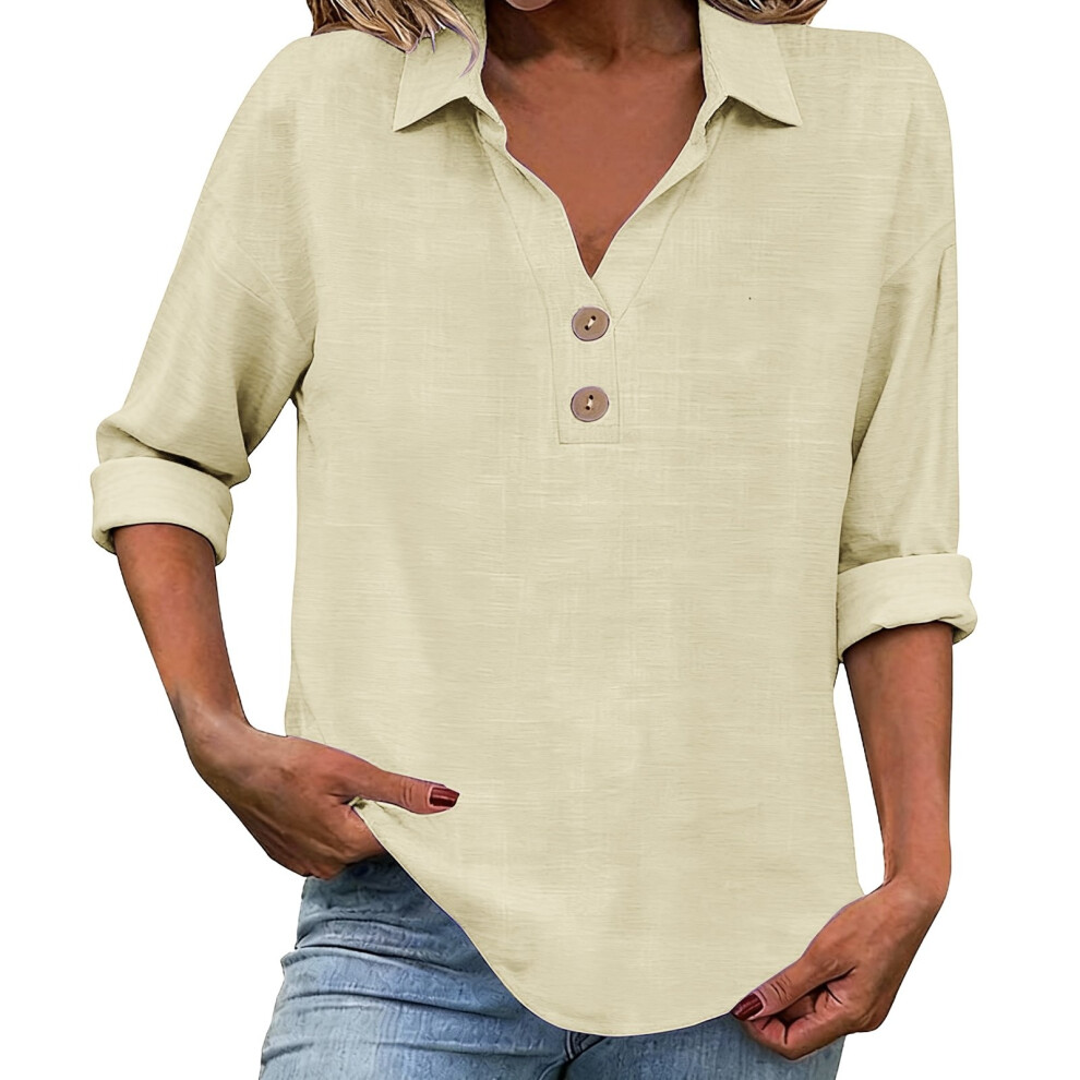 Beige Women's Linen Top With Three-Quarter Sleeves, Casual- Xxl
