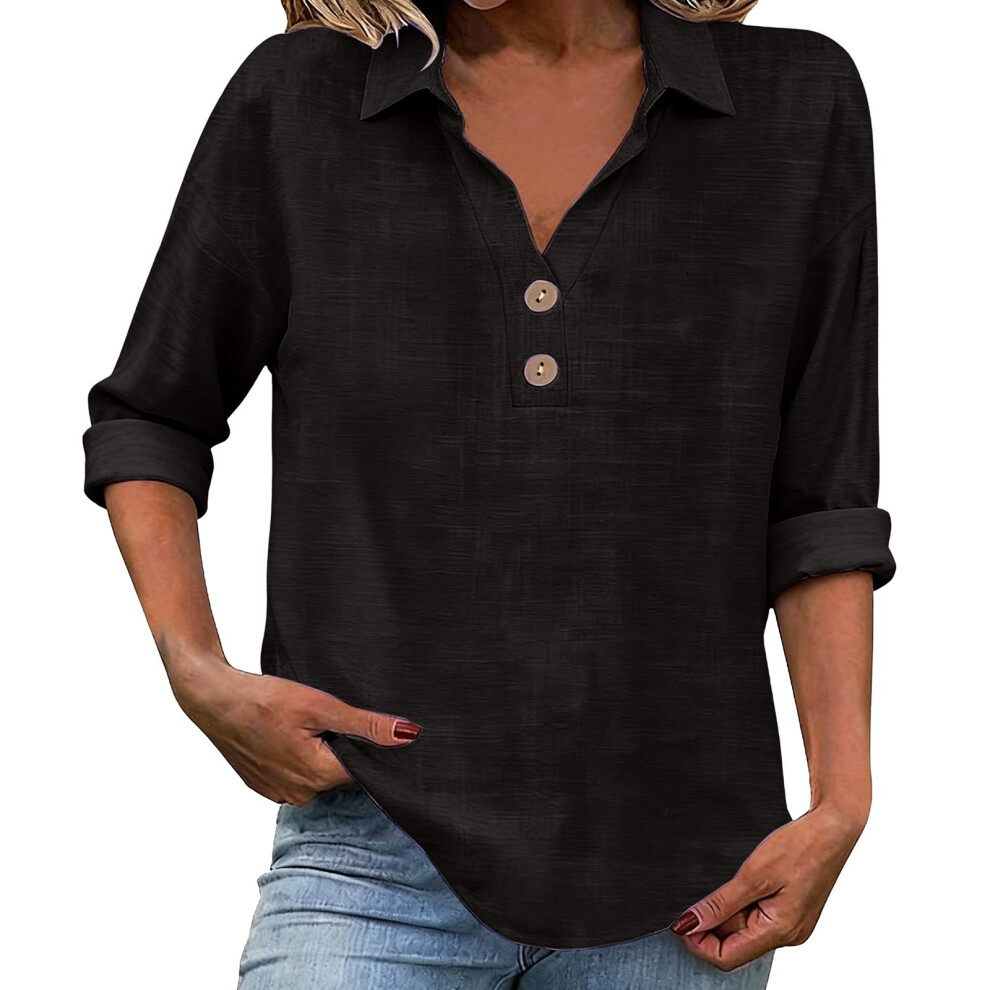 Black Women's Linen Top With Three-Quarter Sleeves, Casual- M