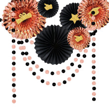 Black & Rose Gold Graduation Party Decor Kit: Paper Fans & Garland for Wall, Ceiling, Stage, Photo Booth – Compatible with Graduation Events