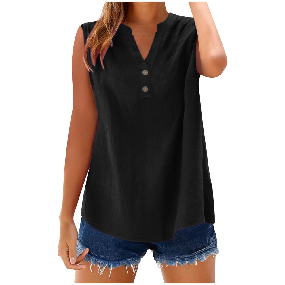 Black Womens Sleeveless Linen Shirts Button Down Cotton V- L