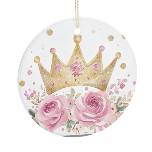 Pink Rose Ceramic Christmas Ornament with Crown 2-Side