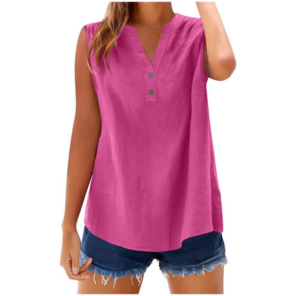 Red Womens Sleeveless Linen Shirts Button Down Cotton-Rose Xxl