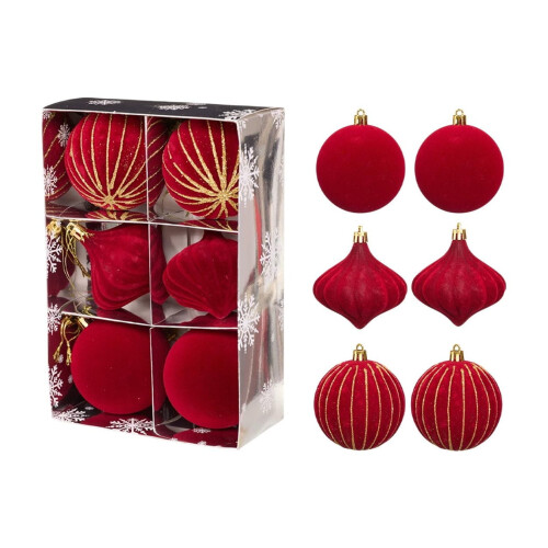 6 Velvet Christmas Baubles, 8cm Red Tree Ornaments