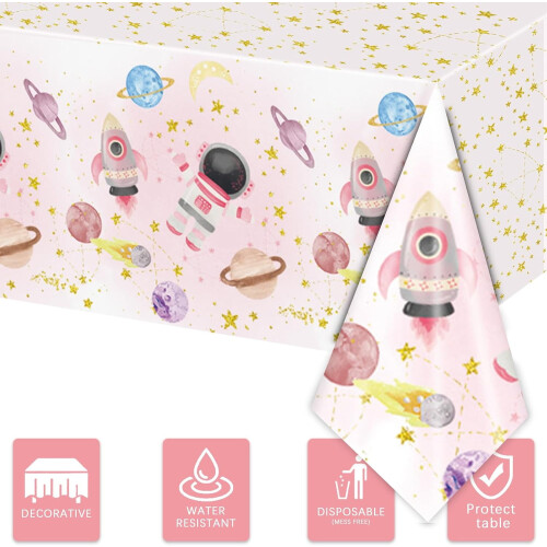 Space Theme Tablecloth Pink Moon Star Design 3PCS 54x108in 2