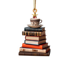 Christmas Tree Decorations Christmas Books Stacked Ornament, Acrylic Reading Book Coffee Cup Ornaments Love Bookish Decor Library Ornaments