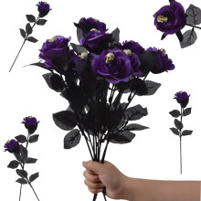 10Pcs Artificial Halloween Roses with Skull Heads & Black Leaves – Faux Silk Flower Stems for Party, Haunted House, Home – Compatible with