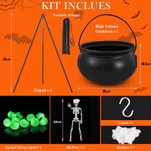 Large 9.8"x6.4" Outdoor Halloween Cauldron with Tripod, Scary Eyeballs & Skeleton Lights – Indoor/Outdoor Decor