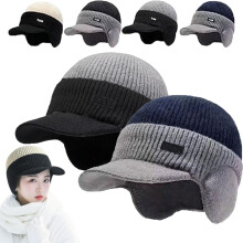 Windproof Thermal Cap with Visor, Fleece-Lined Knitted Beanie with Ear Flaps & Brim – Unisex Cold-Weather Outdoor Hat