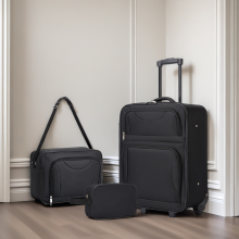 (Black) 3 Piece Soft-shell Suiticase Cabin Luggage Set With 1xCabin Luggage, 1xCabin Shoulder Bag And 1xToiletry Bag