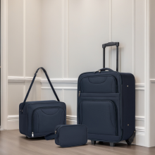 (Navy) 3 Piece Soft-shell Suitcase Cabin Luggage Set With 1xCabin Luggage, 1xCabin Shoulder Bag And 1xToiletry Bag
