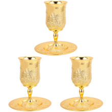 3Sets Golden Metal Kiddush Cups with Saucer Reusable Judaica Wine Gift