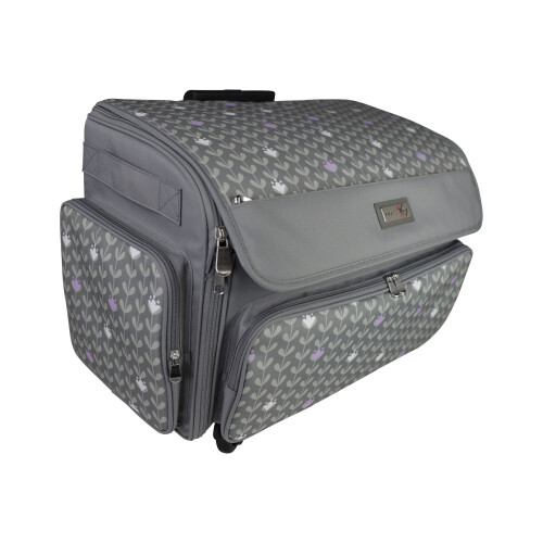 XL 4 Wheel Collapsible Deluxe Rolling Sewing Machine Storage Case, Grey & White 1