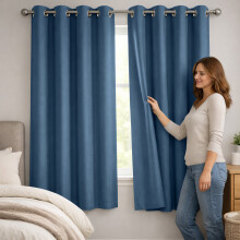 (46" x 54" In, Blue) 100% Blackout Ringtop Curtains- 260GSM Thick Linen Curtains 3 Layers Light Blocking Technology
