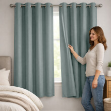 (46" x 54" In, Sage Green) 100% Blackout Ringtop Curtains- 260GSM Thick Linen Curtains 3 Layers Light Blocking Technology