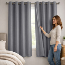 (46" x 54" In, Grey) 100% Blackout Ringtop Curtains- 260GSM Thick Linen Curtains 3 Layers Light Blocking Technology