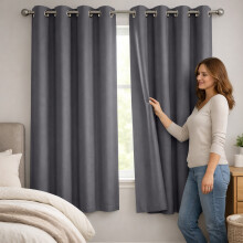 (46" x 54" In, Charcoal) 100% Blackout Ringtop Curtains- 260GSM Thick Linen Curtains 3 Layers Light Blocking Technology