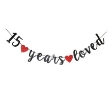 15 Years Loved Black Banner, 15th Birthday Party Bunting Sign, Happy 15th Wedding Anniversary Party Decoration Garlands