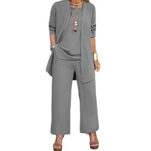 3-Pc Women’s Casual Pantsuit Set: Long Sleeve Cardigan, Sleeveless Vest & Elastic-Waist Wide-Leg Trousers – Fall/Spring Daily Wear