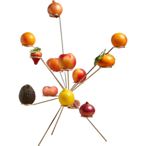 Exploding Fruit Bowl Metal Sculpture, 360 Ventilated Floating Design, Handcrafted Kitchen Table Centerpiece Decor (Gold)